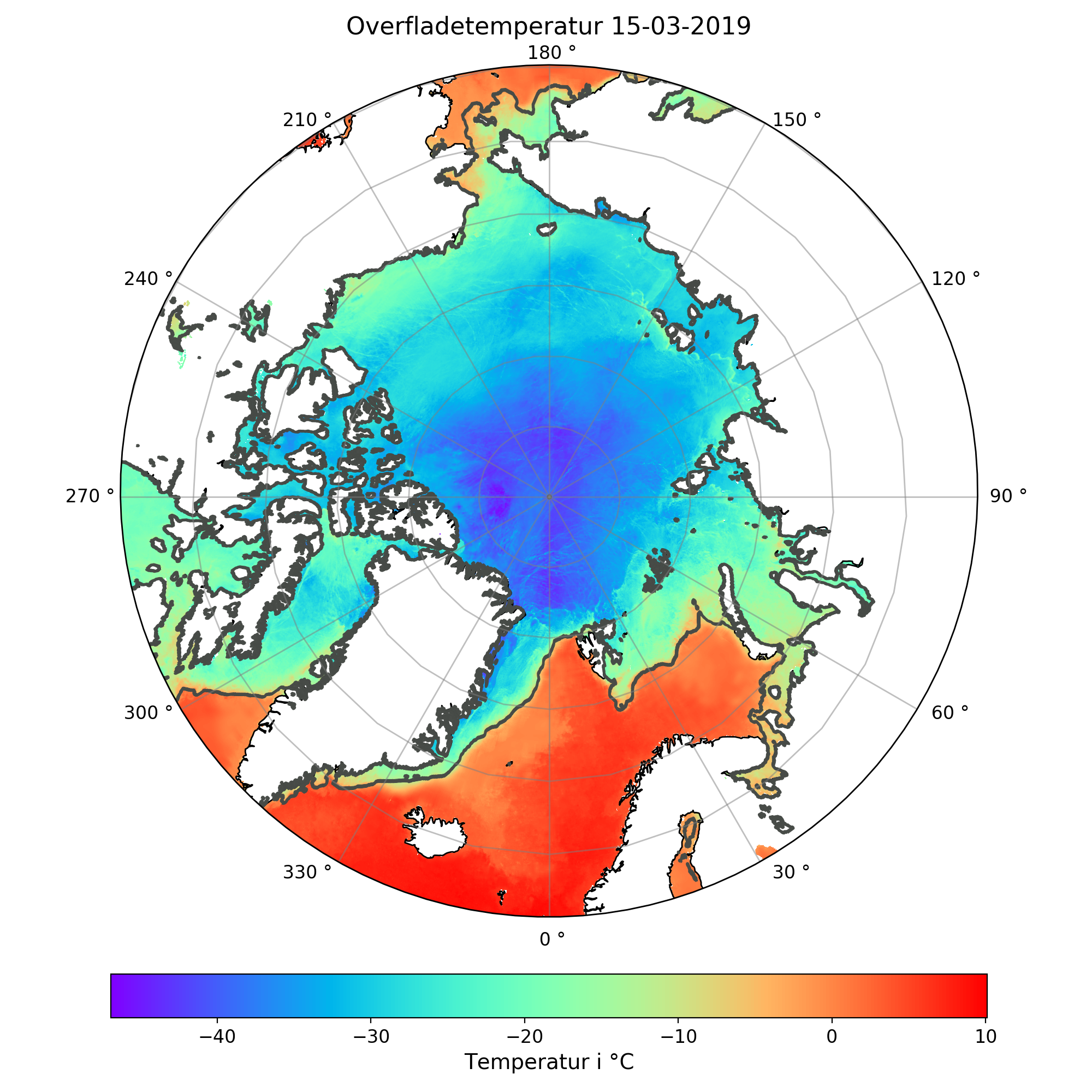 Figur 1 - Daglig overfladetemperatur for den 15. marts 2019