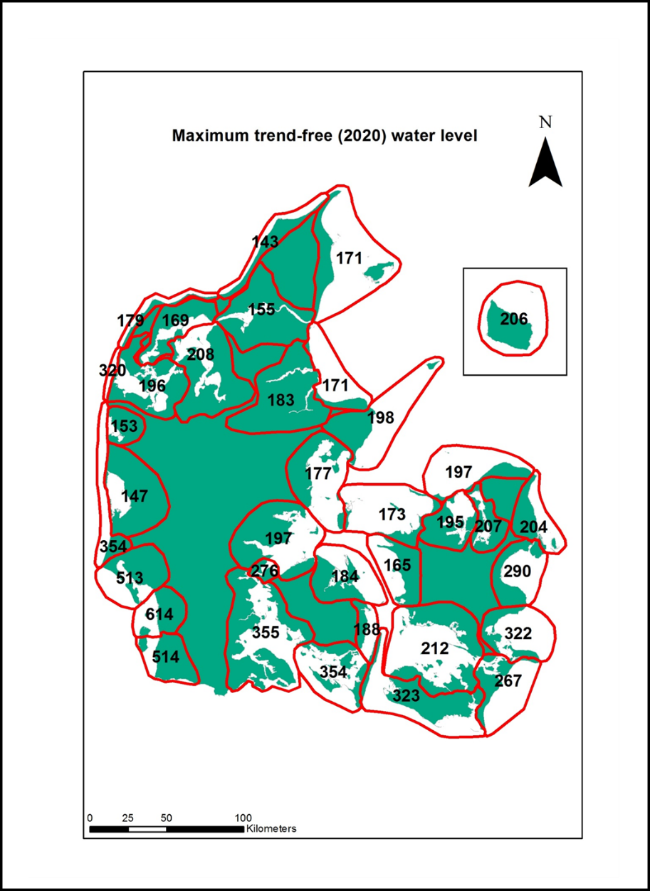 223 - De højeste målte og validerede vandstande i de 36 zoner - vist på et danmarkskort
