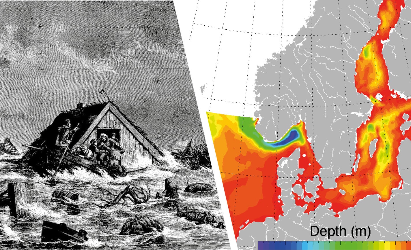 En gammel tegning af en oversvømmelse sammen med en visning af havdybderne rundt omkring danmark