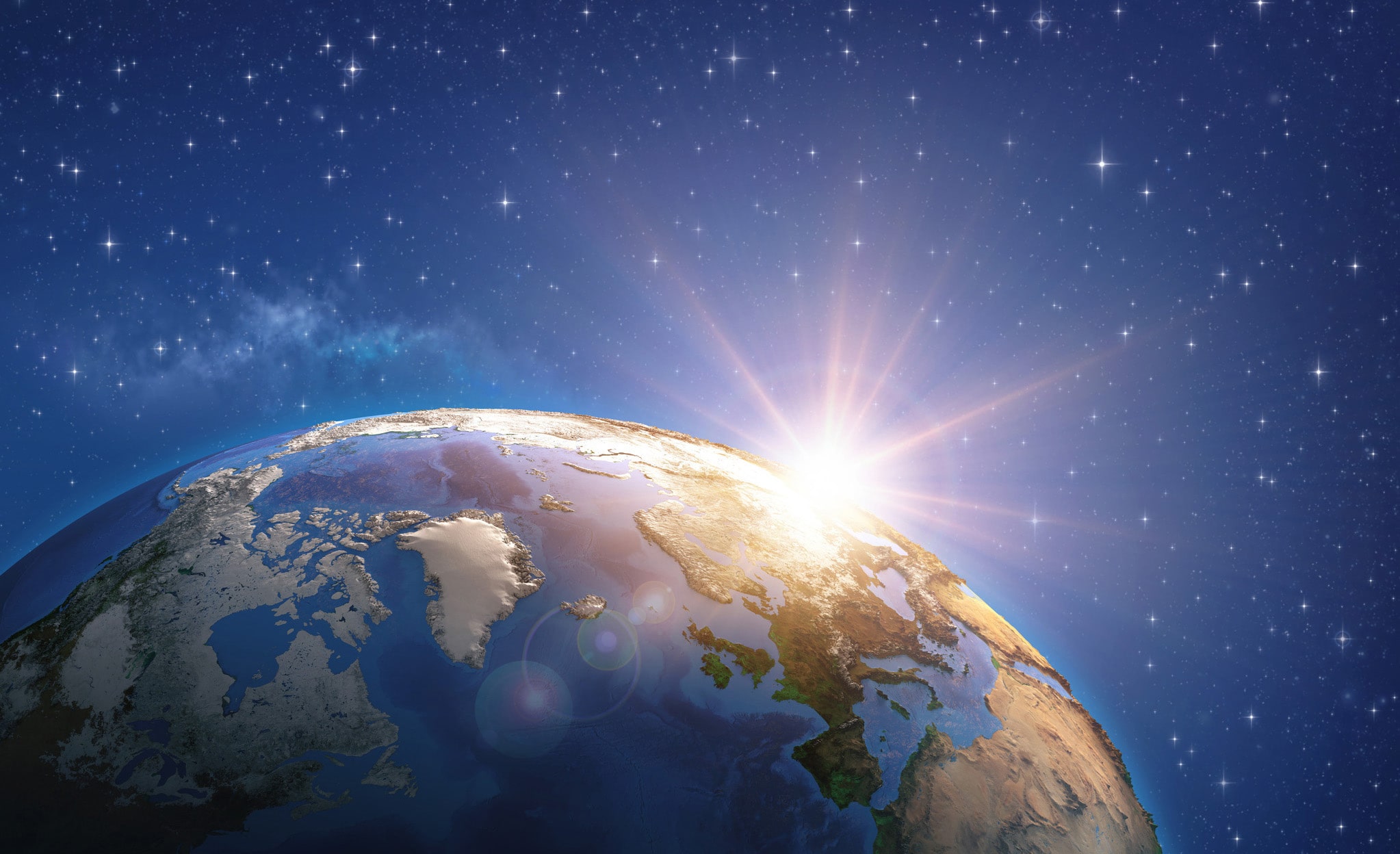 En illustration af jorden set fra rummet, med solen på vej op