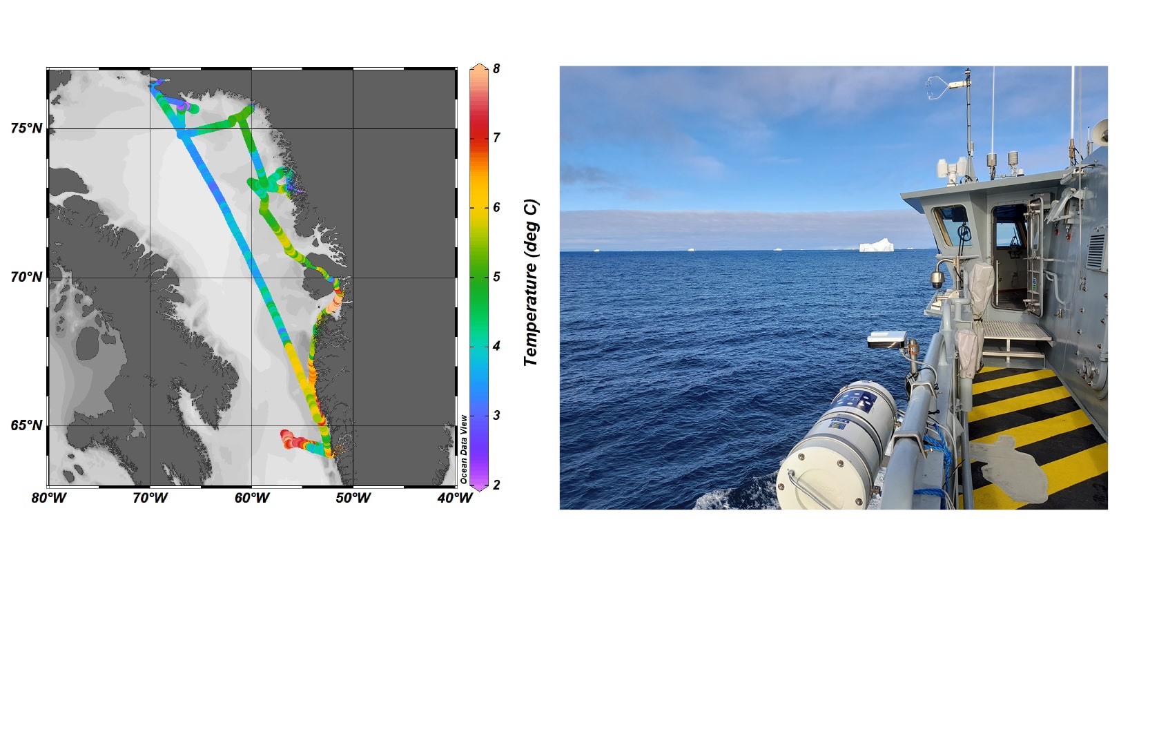 En visning på et kort over målt temperatur, samt et billede taget fra siden af et skib