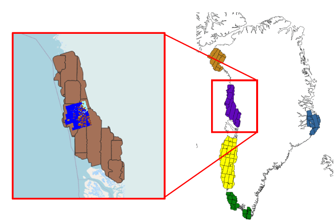 Kort over grønland med et område markeret og zoomet ind på, samt en række farvede områder der markere satelitdatatilgængelighed