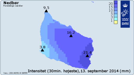 bud på lørdagens nedbørintensiteter på Bornholm