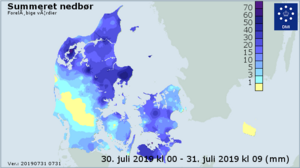 Summeret nedbør over Danmark for 30. til 31. juli