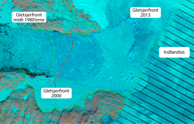 Eksempel på satellitbilledanalyse af grønlandsk gletsjer fra polarportal.dk.