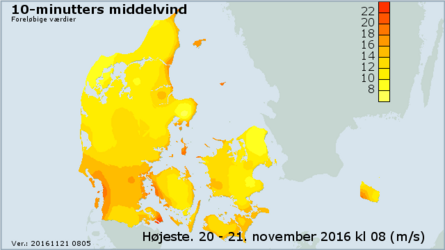 Danmarkskort over højeste 10-minutters middelvind