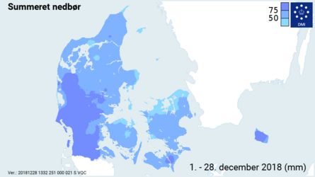 Fordelingen af den samlede nedbørsmængde i december 2018