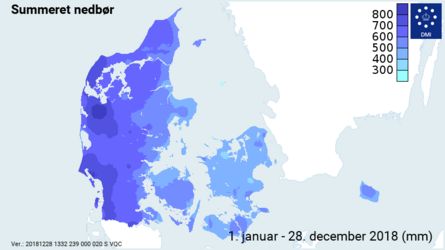 Fordeling på landsplan af al nedbør i 2018