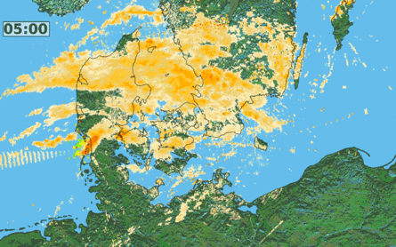 Animation af frontzonens passage onsdag og natten til torsdag set fra DMI's radarer i form af nedbør.