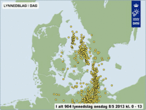 Lynnedslag i Danmark onsdag den 8. maj  mellem klokken 00 og klokken 13