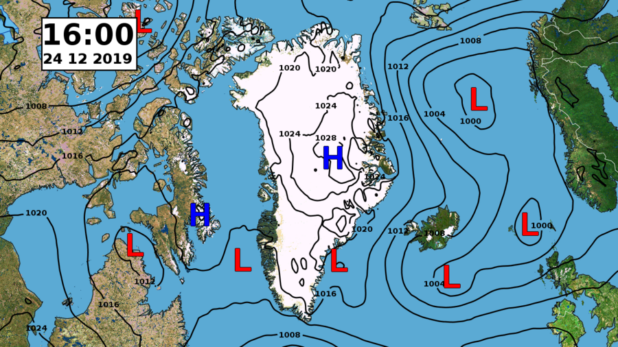 Prognose for det forventede luftryk juleaftensdag kl. 16 lokal tid fra den fælles europæiske ECMWF-vejrmodel