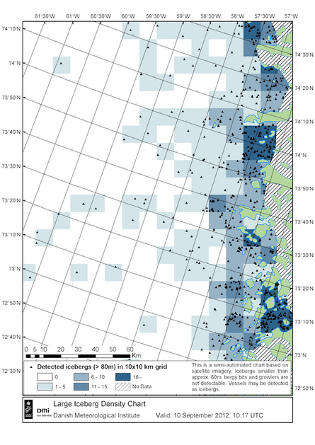 Kort over densiteten af isbjerge