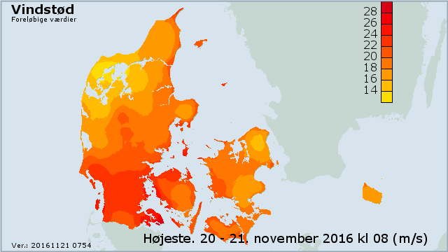 Danmarkskort over højeste vindstød.