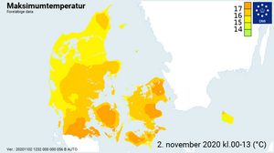 Højeste temperaturer den 2. november 2020.