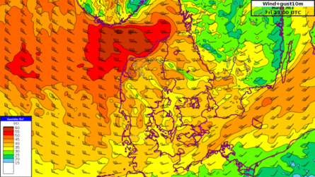 Vind og vindstød natten til lørdag den 15. marts.