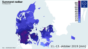 Weekendens samlede nedbørsmængder.