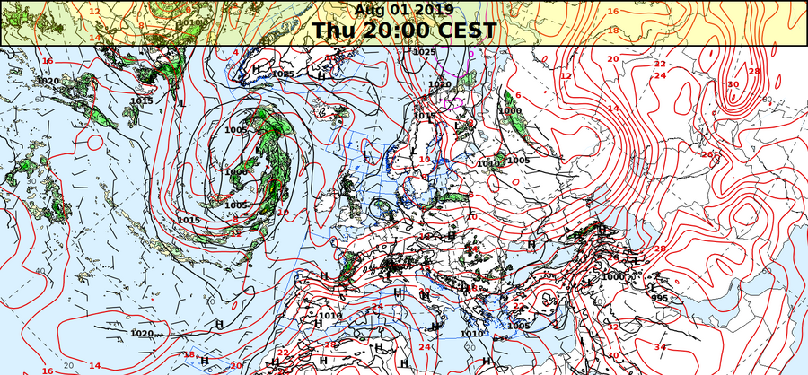 Kort lavet af en nutidig vejrmodel. Man ser trykfordeling, vind, temperatur og nedbør.