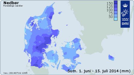 Nedbøren den 1. juni til 15. juli 2014