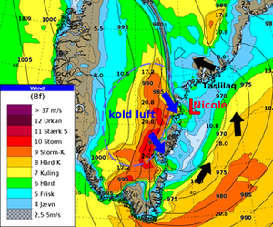 Kort over vind, lufttryk og cirkulation i Sydøstgrønland