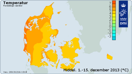 Middeltemperaturen i Danmark i perioden fra 1. til 15. december 2013