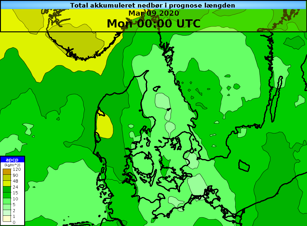 Den forventede nedbør for den kommende uge. Nedbøren fordeler sig mest på i dag og det, der forventes at komme på søndag. Igen må Jylland holde mest for med op til 40 mm nedbør.