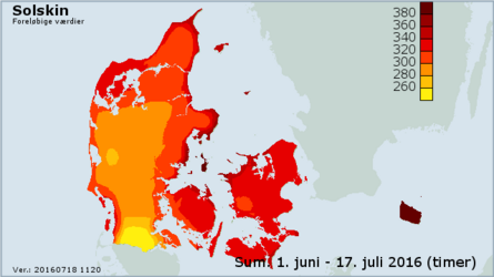 Kort over solskinstimer i Danmark