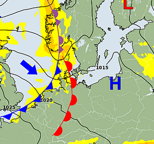 Vejrsituationen over Danmark lørdag den 16. maj 2015. En koldfront (blå) er i færd med at indhente sin varmfront (rød) og skabe en okklusion (lilla). Vejrsituationen over Danmark lørdag den 16. maj 2015. En koldfront (blå) er i færd med at indhente sin varmfront (rød) og skabe en okklusion (lilla).