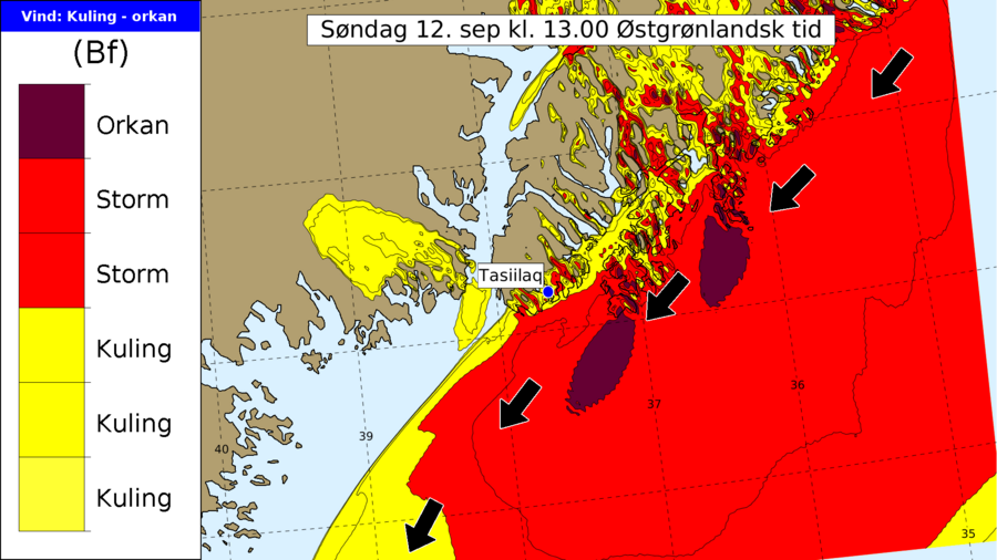 Kort der viser kulling ved Grøndland