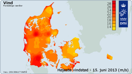 Kort over vind værdier i landet