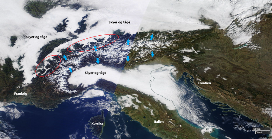 Satellitbillede, der viser effekten af katabatiske vinde over Alperne