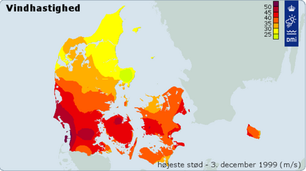 De kraftigste vindstød i m/s