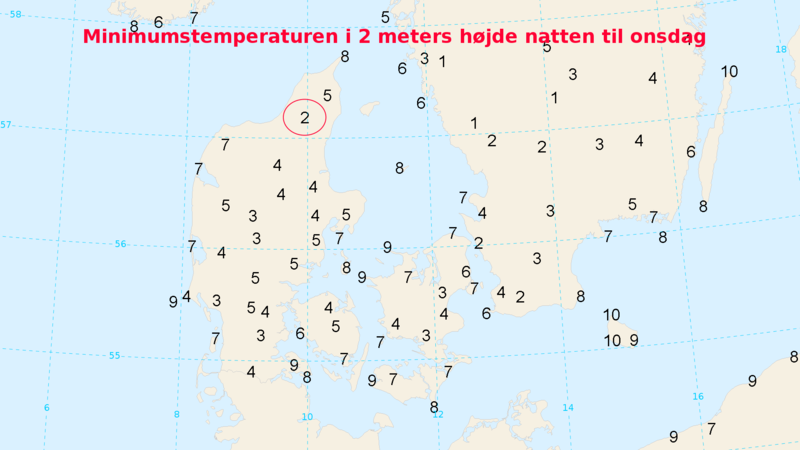 Danmarkskort med temperaturmålinger