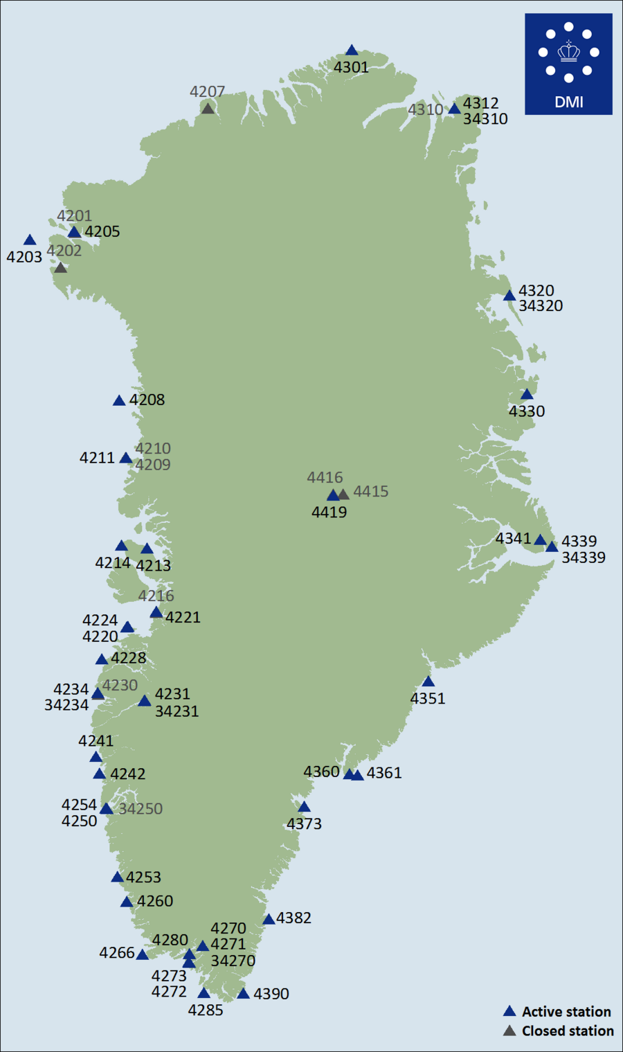 Kort over målestationer i Grønland
