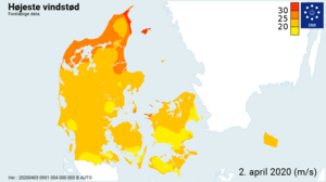 Danmarkskort med vindstødsstyrker 2. april