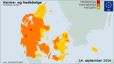 Danmarkskort over varme- og hedebølge 14/9