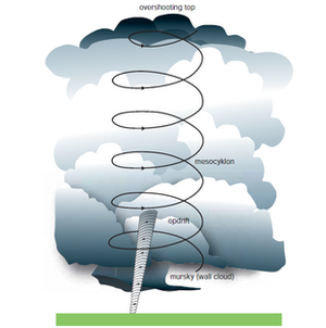 Skitse af mesocyklon og tornado i en bygesky