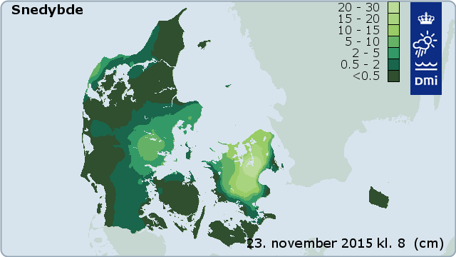 Snedybden i Danmark mandag den 23. november klokken 8. Snedybden i Danmark mandag den 23. november klokken 8.