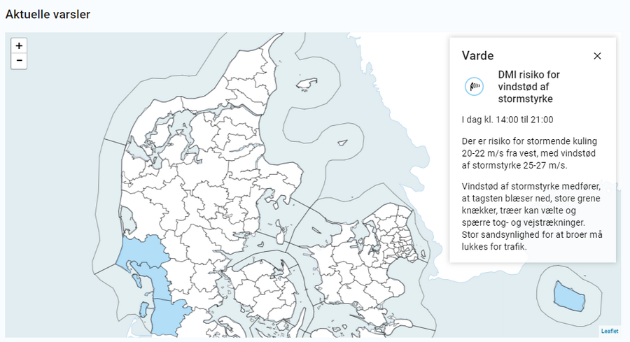 I den sydvestlige del af landet er der risiko for vindstød af stormstyrke