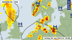 Nedbør pr. time lørdag d. 26 huli 2014