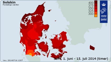 Solskinstimer den 1. juni til 15. juli 2014.