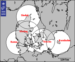 Kort over placeringen af DMI's radarer