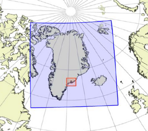 Udsnit af vejrmodel for hele Grønland og den nye model for Tasiilaq