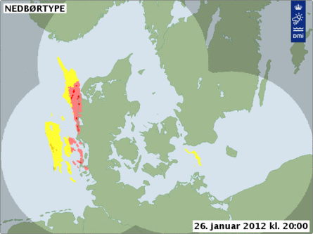 Radarfilm som viser snevejrets vej over Danmark.