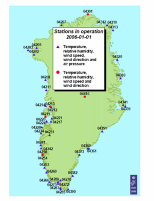Figur der viser, hvor vejrstationer er fordelt i Grønland