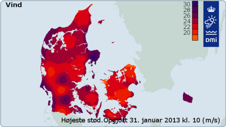 Kort over vindstød i landet