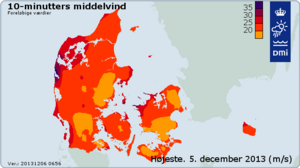 Højeste middelvind torsdag den 5. december 2013.