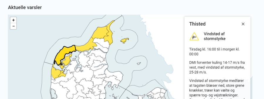 Eksempel på visning af varsel på Danmarkskort