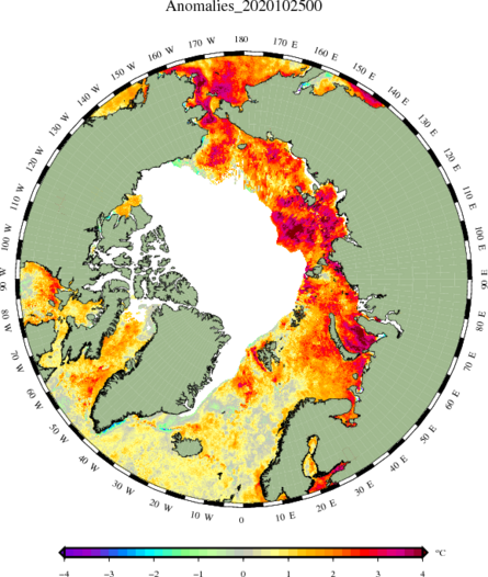 havoverflade-temperatur sammenlignet med et gennemsnit af målte overfladetemperaturer fra 1982-2010