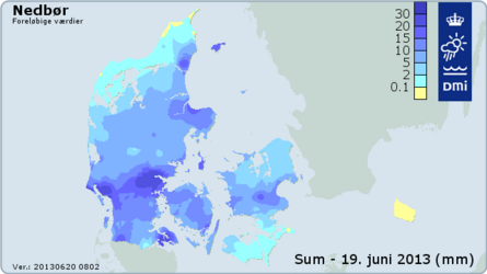 Maksimal døgnnedbør for onsdag den 19. juni 2013