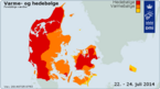Kortet viser, hvordan Danmark var delt ind i varme- og hedebølge den 22. - 24. juli 2014.